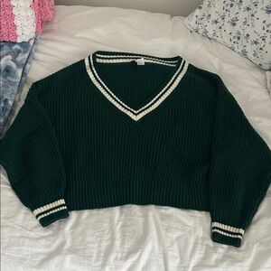 H&M Dark Green V-Neck Sweater with White Striped Trim